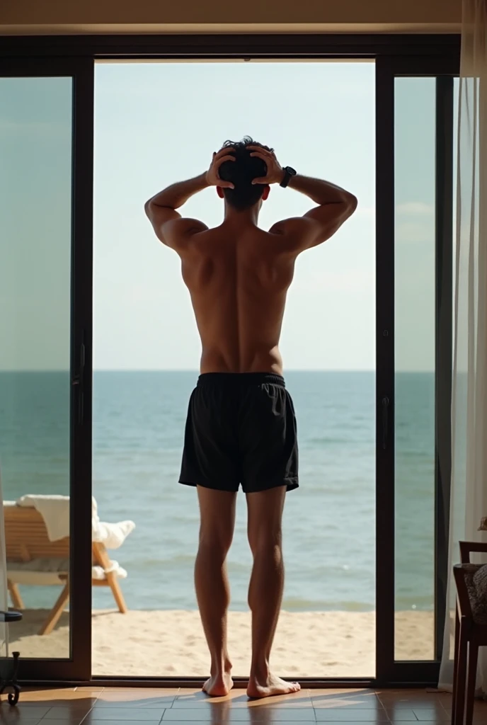 The pitch-black silhouette of a lonely,a handsome two Young man,Very good figure,cute,short haircut,tan skin,Not wearing a shirt ,wearing bikini underware, who could only experience life from what he saw through a single window with only four windows.Everything is dark in his world and environment.while light, love, and happiness can only be seen through one window.Inside there was only darkness and shadows.While the colors are beautiful and bright happy people and countless wonders lie outside