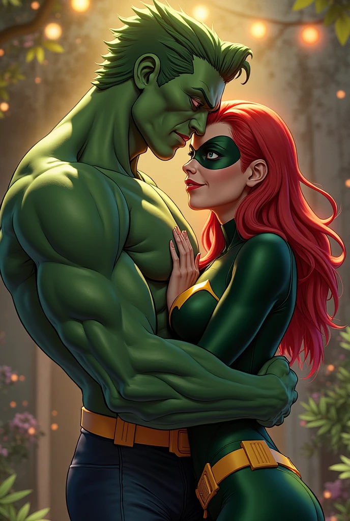 (((Poison Ivy))), (((Superman))), High quality, best quality, masterpiece, (1boy1 1girl), (hetero:1.5), mature woman, curves, long wavy redhead hair, green eyes. cleavage. (((woman wearing strapless black leotard))), reverse suspended congress, legs spread