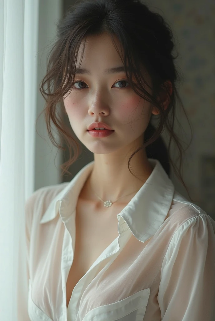 Highest quality、masterpiece、Ultra-high resolution、(Realism:1.4)、1 girl、In a pale background、Deep Shadow、Low Key、Shortcuts、Upper Body、sex appeal、Wearing a shirt