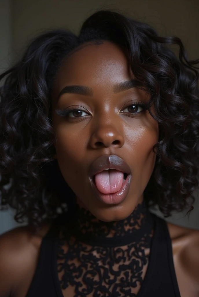 Afrique femme. very black skin. coupe de cheveux afro. pink lipstick on her lips. yeux verts. Fort soleil sur ses seins nus. En vedette devant la caméra. Bouche ouverte avec des dents. black nipples. Sitting on a sofa in the garden