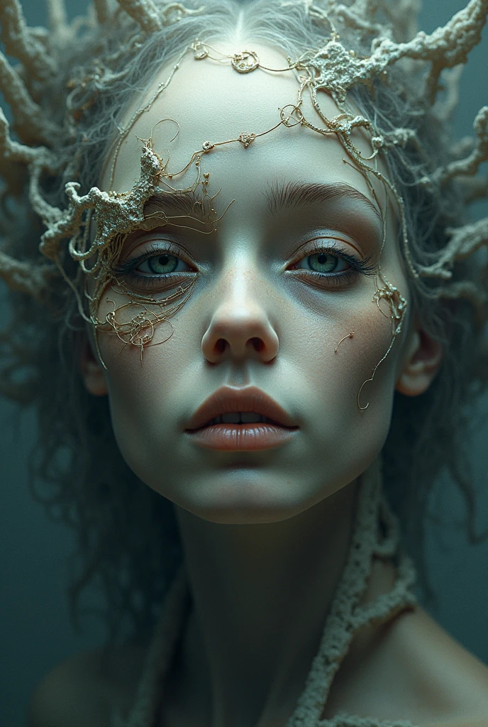 I am she who is trapped in a surreal painting where only my face is seen in 3D with feelings of sadness from many accumulated lives. A lot of depth of field highlights my face marked by other lives but the lighting varies. There is no specific one but the reality that is seen is impressive. Every detail is perfectly done.  . The message I want to convey is that there are other realities, very real, detailed 3D, of this reality with lies. , 48k uses the rule of thirds bright colors fantastic expression