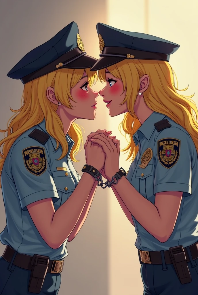 blonde anime girl bank robber handcuffed, arrested and pinned against wall hands behibd back by blonde anime police officer girl cute style