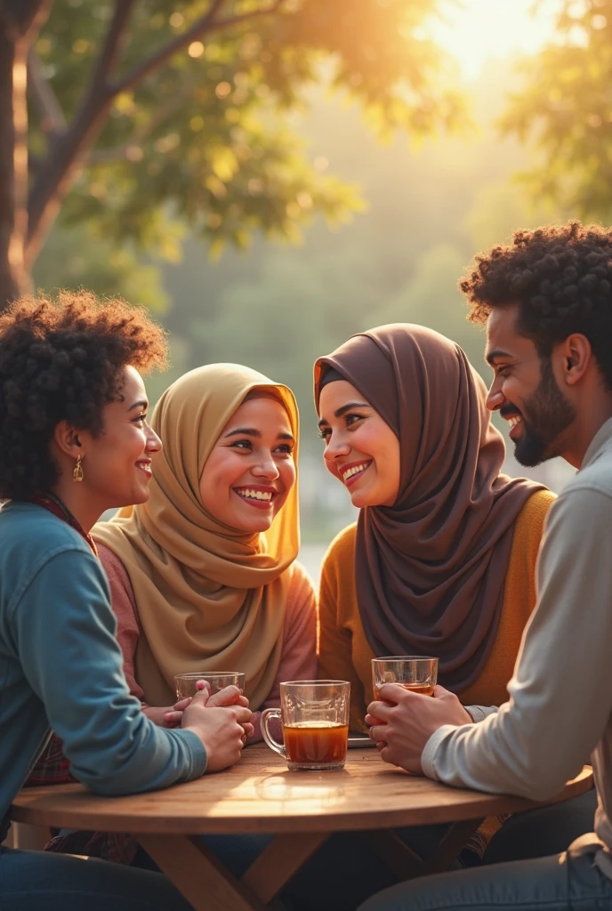 Create an image of a Brazilian wearing a national team shirt and jeans sitting in a cafe, drinking black coffee with her Saudi friend who is dressed in a veil and black clothes, typical saudi women&#39;s clothing 