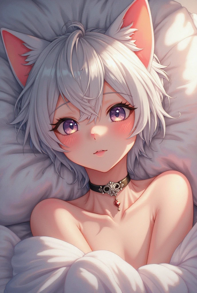 neferpitou, neferpitou, short hair, (red eyes:1.5),animal ears, tail, white hair,cat ears, cat tail, curly hair, (small breast:1.2), BREAK looking at viewer, BREAK outside, BREAK (masterpiece:1.2), best quality, high resolution, unity 8k wallpaper, (illustration:0.8), (beautiful detailed eyes:1.6), extremely detailed face, perfect lighting, extremely detailed CG, (perfect hands, perfect anatomy),laying in bed, soft light, shibari, lace lingerie,stockings,