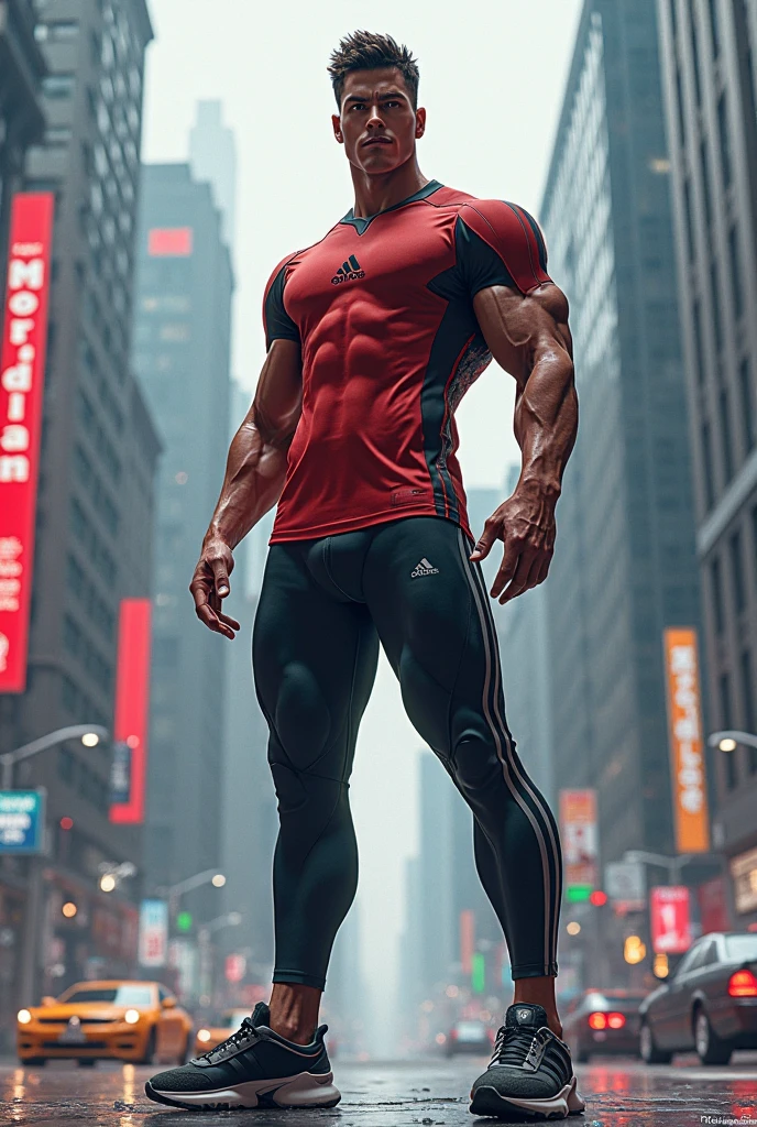 full view full body, Massive young white over-muscular over-inflated and over-bloated bodybuilder male Toby Richards with light-brown undercut haircut, running alone in Regent Park, London, in white Nike air max trainers and white socks, white lycra short jumpsuit