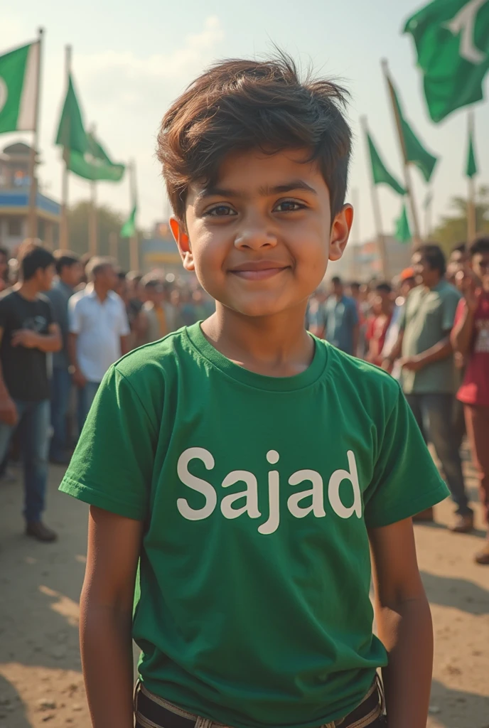 Apicture of name (Abubaker)which is written on the shirt which is designed for happy independence day of Pakistan which is wearing by a beautiful boy
