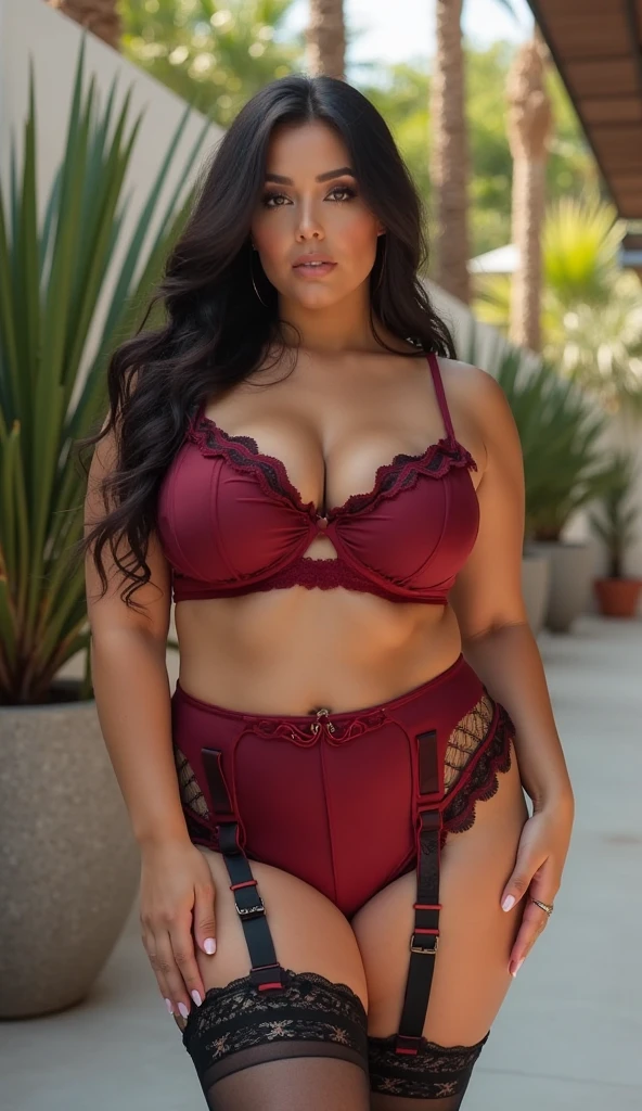 smiling, happy, full body, long_hair, gorgeous, city girl, cleavage, western, red lace bikini with flowers on it, hot girl, Beautiful plump woman, Beautiful curvy women, Big goals, Clear curve details, Curvy hourglass figure, Charming plus size models, Surface Model, Curvy body, （full-body shot）blush, 1girll fat , become a, hat, venice, Italy, looking at blue sky warm day, sun in the sky, makeup, (masterpiece), best quality, high resolution, extremely detailed, blurred background, depth of field, cinematic lighting, curvy body, She smile with Extraordinary Pleasure expression.