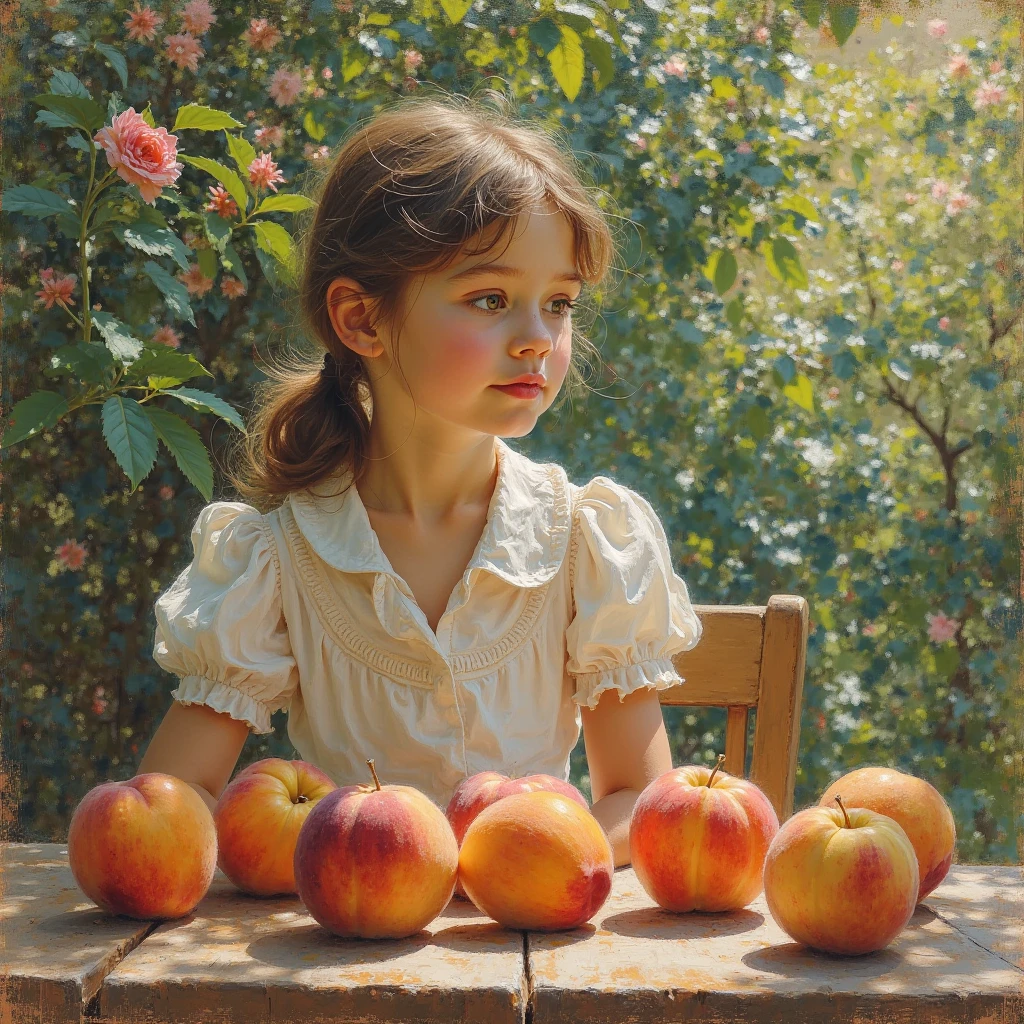 picture, a girl in a pink shirt sitting at a table, holding a peach in her hands, the table is completely visible, a white tablecloth is on the table, the girl's hands are on the table, art by Repin