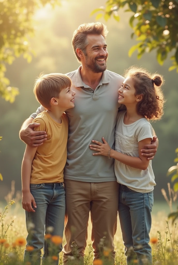 create an image where there is a father playing with his two children, a boy and a girl
. they have fun and show a beautiful smile on their face image for father&#39;s day campaign. realistic style 4k 