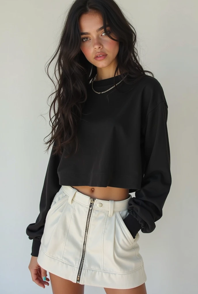 Mulher linda de camisa preta e shorts curto cinza posando para foto, shorts curtos, tampo preto, camisa preta, black sweater, manga comprida, vestindo uma camisa preta, wearing a black sweater, camiseta preta, roupas pretas casuais, Loose - blusas justas, roupas pretas, vestindo camiseta preta, roupas pretas, roupa preta, manga larga cropped, vestindo uma camiseta preta, mini shorts, shorts de nylon, shorts tennis.