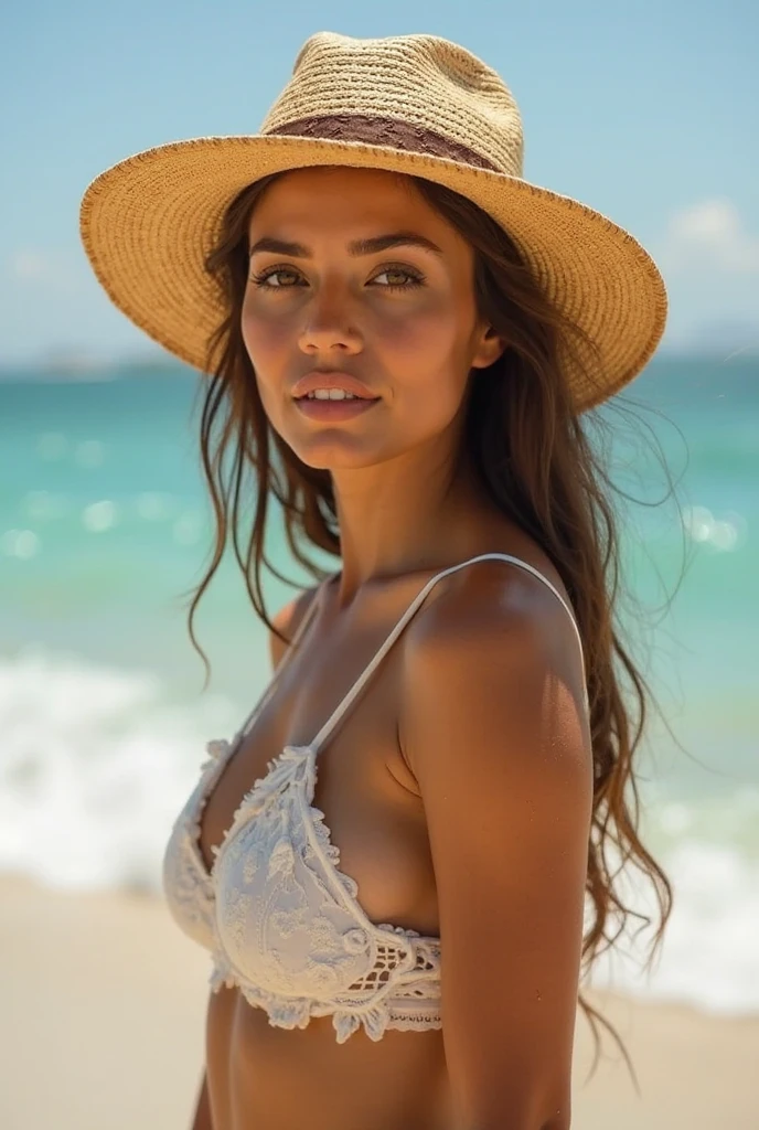 Masterpiece,high resolucion,poitrine, arm behind back,maillot de bain, 1fille, bikini, blanc_bikini, nuage, animal_oreilles, bleu_ciel, ocean, ciel, cheveux_ornement, Eau, ????_cheveux, jour, long_cheveux, bracelet, pvedaugeant, grand_poitrine, joaillerie, sourire, regardant_ved_spectvedeur, rougir, dehors, ouvrir_bouche, cheveux_fleur, wet, nuageux_ciel, nombril, fleur, scintiller, Masterpiece, Best quality,