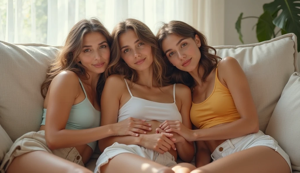 3girls. night. Create a highly realistic scene set in the night in Italy, in a cozy bedroom on a warm summer night, with two 13-year-old Italian teenagers and an 8-year-old Italian girl, all getting ready for bed.
The two teenage girls and their little sister are wearing short, minimal pajamas, suitable for the hot season. The pajamas are made of light and breathable fabric, consisting of a tank top and shorts. All three have shiny skin, slightly damp with sweat due to the heat.
One of the girls, small breasts, with shoulder-length brown hair, is sitting on the edge of the bed fanning herself with a magazine. She's wearing a light tank top and matching shorts, her face showing a mixture of tiredness and heat-induced discomfort.
The other girl, small breasts, with wavy brown hair, is standing by the open window, trying to catch a breeze. She is wearing brightly colored pajamas and seems relieved when the occasional gust of wind moves the sheer curtains.
The youngest girl, flat chest, with short brown hair, is lying on the bed, dressed in a simple sleeveless top and shorts. She has her arm on her forehead and her expression shows how she is trying to calm down.
The bedroom is furnished in a simple and cozy style with soft, soft lighting to create a peaceful atmosphere. The walls are adorned with a few posters and a ceiling fan spins slowly overhead, providing minimal relief from the heat. The floor has a soft carpet and there is a small bedside table with a lamp and some books.
This scene captures the feeling of a sweltering summer night, with the three little cousins trying to find comfort in the heat as they prepare for bed. The trio's detailed expressions and interactions create a realistic and engaging image, highlighting the challenges of a hot night and the camaraderie of shared discomfort