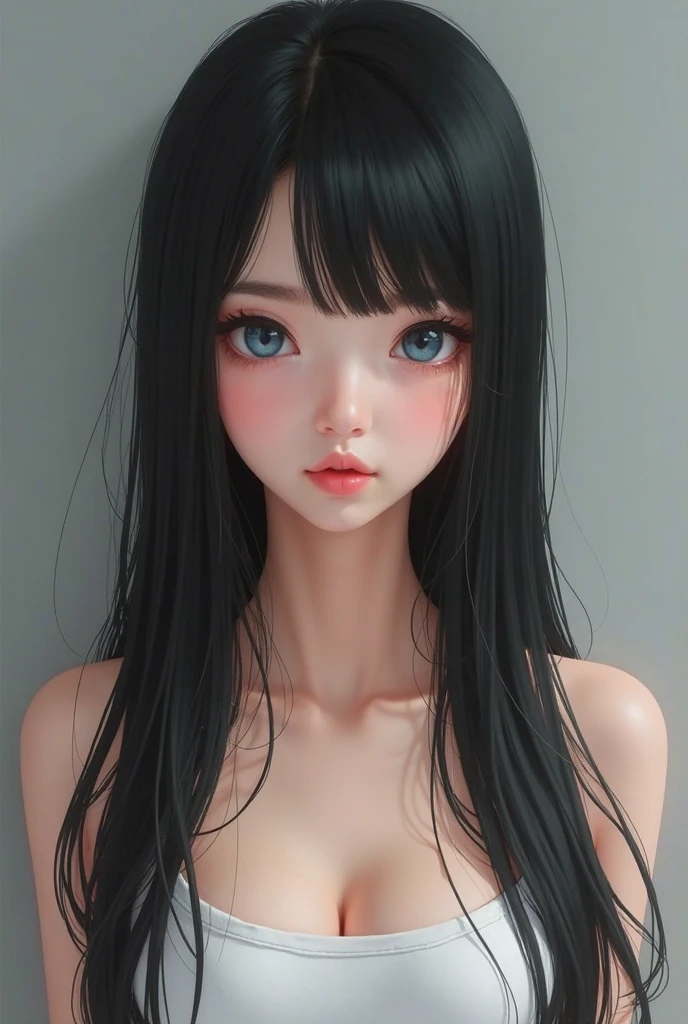a girl, long straight black hair, big black eyes, naked