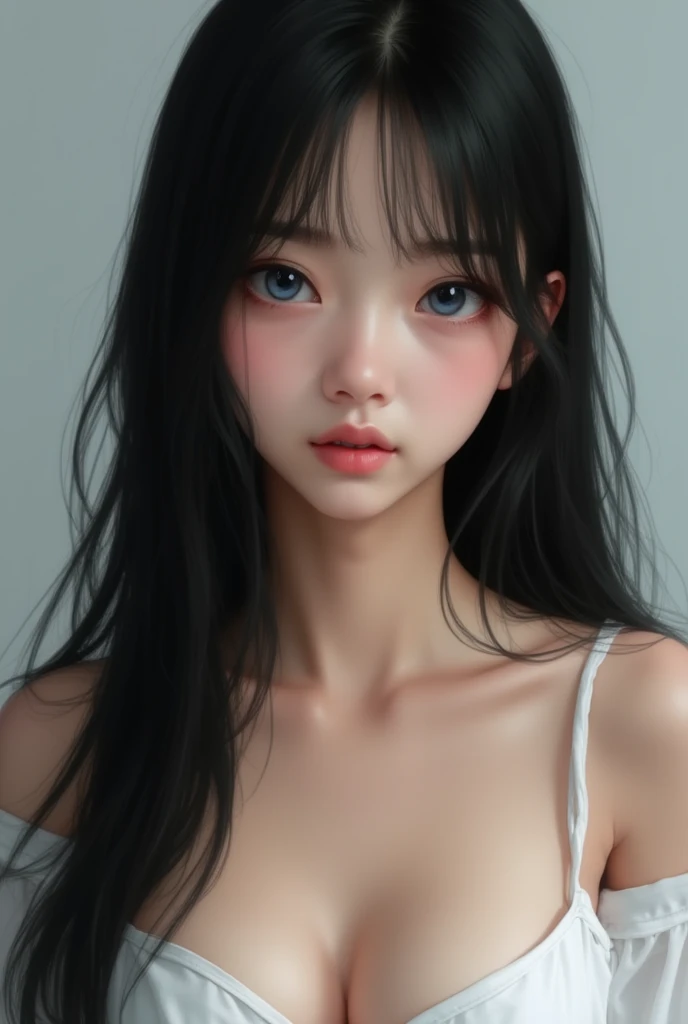 Close-up photo of a beautiful naked woman、Black Hair、bangs、Place two images, up and down