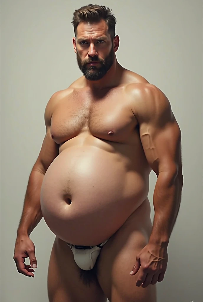 A mature chunky bearded Asian man with a bigger body size, big pregnant belly, low angle view, tied with ropes, big penis, with another man being squeezeed