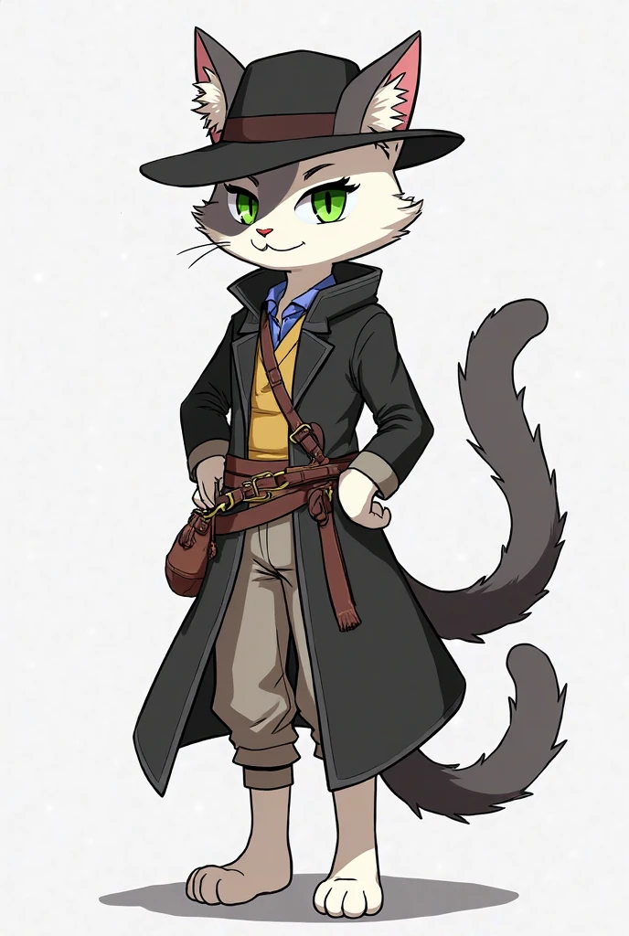 ((best quality, high res)), Puss in Boots, 1male, solo, small body, naked, skinny chub, black cloak cape, black musketeer hat, black musketeer boots, black belt, holding a rapier, detailed eyes, finely detail, tail, shirtless, naked, orange fur, smirk, green sclera, in the dark mansion hall, by Bebebebebe, by Zackary911, by Syuro