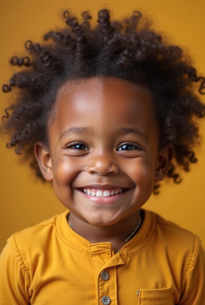  4 year old black girl, curled hair, with yellow blouse and dungarees, is not smiling