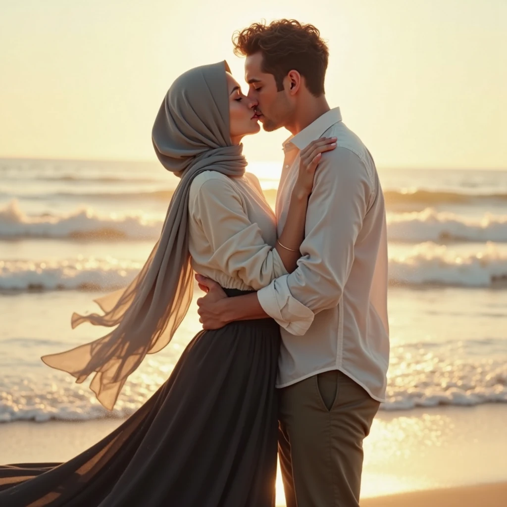 hijab, in jeans, Barefoot woman kissing her boyfriend on the beach