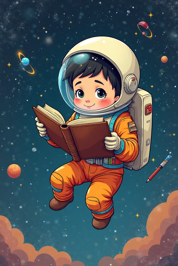 Create an inspirational image of a cute astronaut floating in the colorful expanse of space, engaged in everyday activities like reading, drawing, and exploring, with vibrant hues to captivate and ignite kids' curiosity about the wonders of space science."