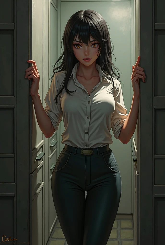 (masterpiece, best quality:1.2), detailed face, detailed eyes, elegant woman, long hair, high heeled, shiny skin, welcomes you at the door, dress shirt, pants, random collar, ponytail hair, cool attitude, cool glasses, exciting, cool, (perfect hands:1), (Neck leash 1.4) , spread legs
