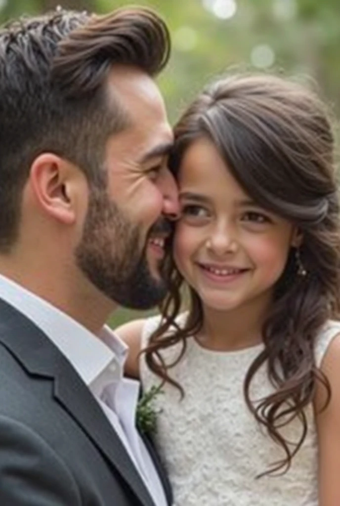 a beautiful 8 year old girl, wearing a sheer white lace mini dress, sitting on the lap of an adult man, looking into each other's eyes, Kisses in the mouth, Photorealistic and cinematic lighting., detailed facial features, hyper detailed, intricate, Masterpiece, winning prize, unreal engine, 8k, high quality, extremely detailed