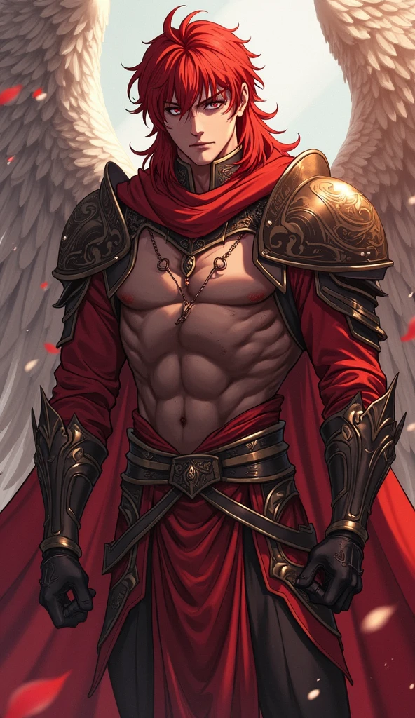 book cover, artistic image, Handsome man, white hair, very short hair, ((crew cut: 1)), red eyes, fair skin, ((muscular: 1)), man, 28 years old, muscular, in good shape , muscular. , gold details, brown leather shawl, baggy gray pants, black and brown belts, black boots, brown gloves, lots of belts, red halo, halo behind the head, feathers flying, horns on the head, feathers falling, angel transformation, transformation Demon, human will not transform, three transformations, black feathers, white feathers, elemental power of light, elemental power of shadow, a seraph of chaos, several skeleton hands, power of death, power of life.

￼



