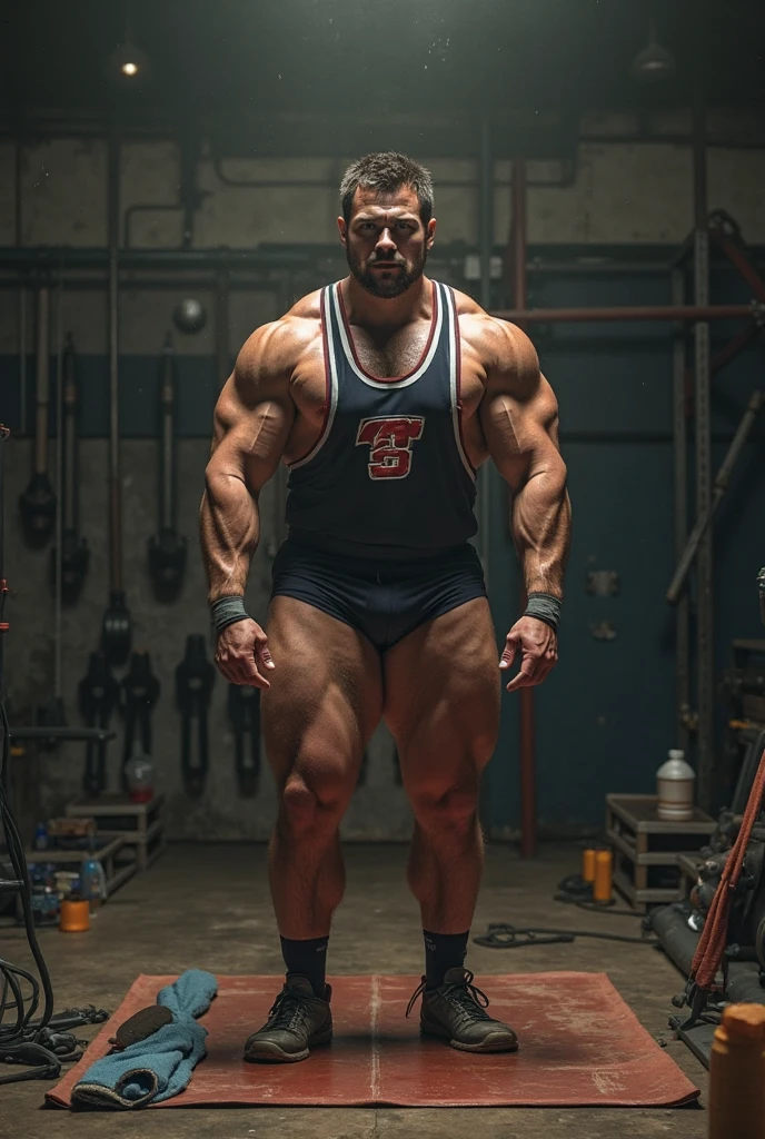 big old muscleman wearing a wrestling singlet in a locker room