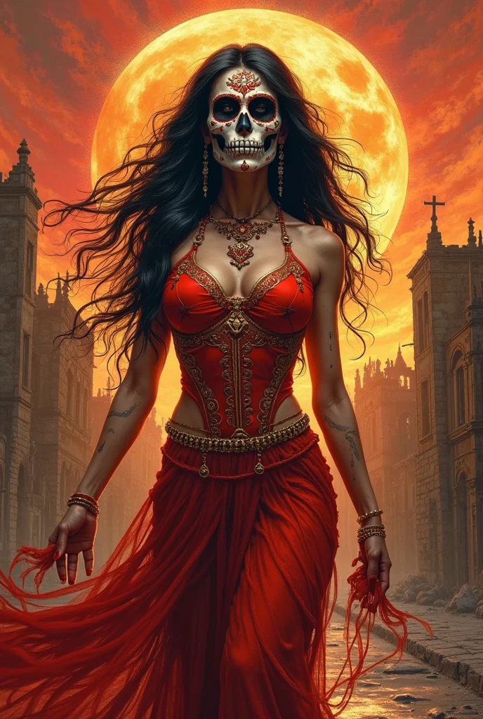 A (full body:1.3) shot at 8k resolution, splash art, fantastic comic book style, photorealistic, anatomical realistic digital painting portrait of a female latino (mexican muertos queen:1.3) in white (silk dress:1.1), (long curly red hair:1.1), (medieval town:1.3), light particle, analog, very detailed skin, very detailed eyes, (elden ring style:1.3), (warhammer style:1.1), concept artist, global illumination, depth of field, splash art, art by artgerm and greg rutkowski and viktoria gavrilenko