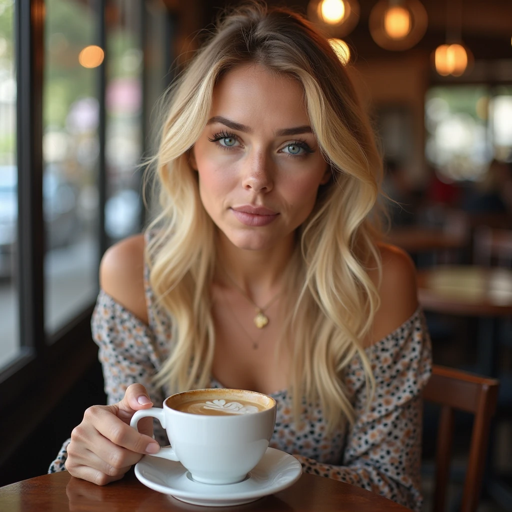 A picture of Camila Cabello with blonde hair drinking coffee in a cup