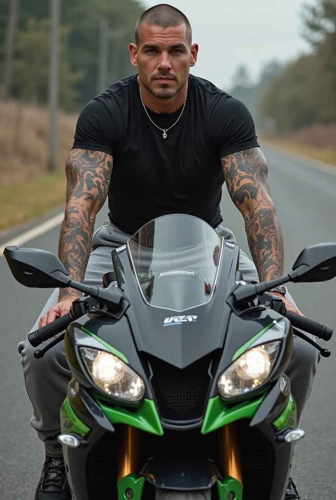 A handsome shirtless man with tattoos, Kale, of hard penis. Sitting on a sports bike