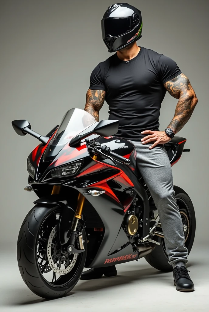 A handsome shirtless man with tattoos, wearing shorts with a penis bulge marking the shorts. Sitting on a sports bike