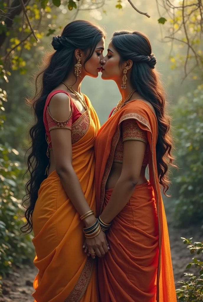Teo hot skinny girl in saree showing their navel to each other kiss and hugs with eachother holding eachother body in angr