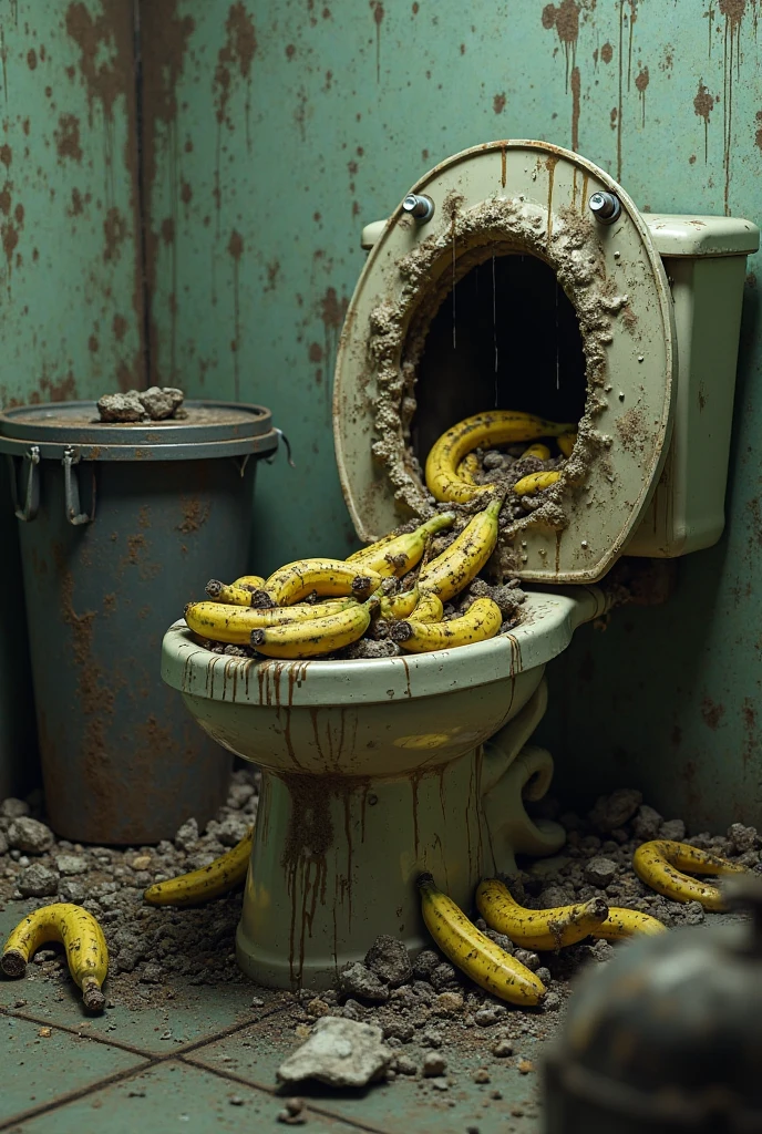 Background of old toilet with rats around it , with a 2-inch banana-shaped stool, and dirty with urine and dysentery