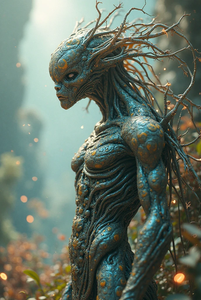 Microscopic image of a half-human,half-alien creature suspended in a fluid,taken with extreme care to preserve its delicate form. Its skin is covered in tiny,hexagonal scales that glisten like precious gems,while its eyes are large and expressive,with multiple irises that seem to shift colors based on the angle of view. Two long,slender arms sprout from its torso,each ending in a hand tipped with sharp claws. The creature's lower body is a series of segmented sections,each one covered in tiny,pulsing sacs filled with a translucent,iridescent substance that refracts light in all directions. The background is a blur of intricate machinery and wires,as if taken from an advanced laboratory. High level of detail,realistic rendering of fluid dynamics,accurate representation of light refraction through the creature's scales