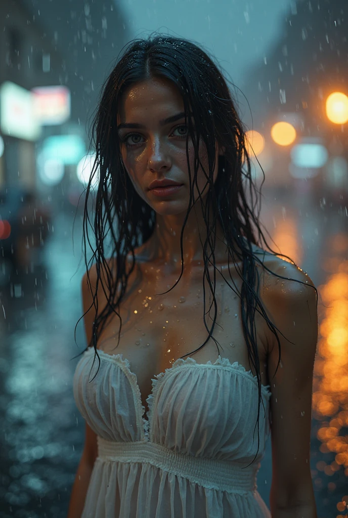 Photorealism, close up, wide angle, seen from below, a girl wears a long-sleeved shirt that is wet and hanging down exposing her (bare shoulders:1.2), she has a slim body with firm, plump breasts, fair and smooth skin, grayish blue eyes , has brunette hair, she is sitting cross-legged in a wet street during heavy rain, she looks freezing and her (body and hair are badly wet), in a foggy atmosphere, photon mapping, dramatic lighting, vivid color tones, aesthetic