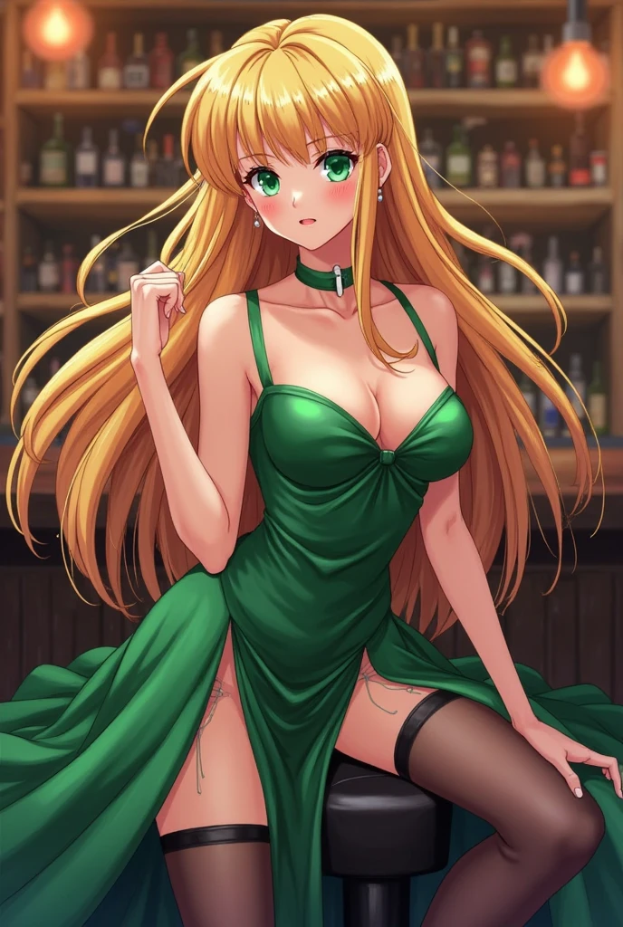 ultra-detailed, (bestquality), impeccable, green eyes, blonde hair, curly hair, busty, playful, seductive, (low cut outfit), (bunny ears), (thigh-high stockings), (heels), (winking), (lush lips), (sparkling eyes), (hourglass figure), (posing), (sitting on a chair)