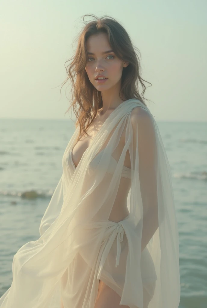 arafed redhead woman with long curly redhead in a dress standing on the beach near the ocean, gorgeous woman, posing on a beach with the ocean, soft light from the side, on beach, draped in transparent cloth, no bra