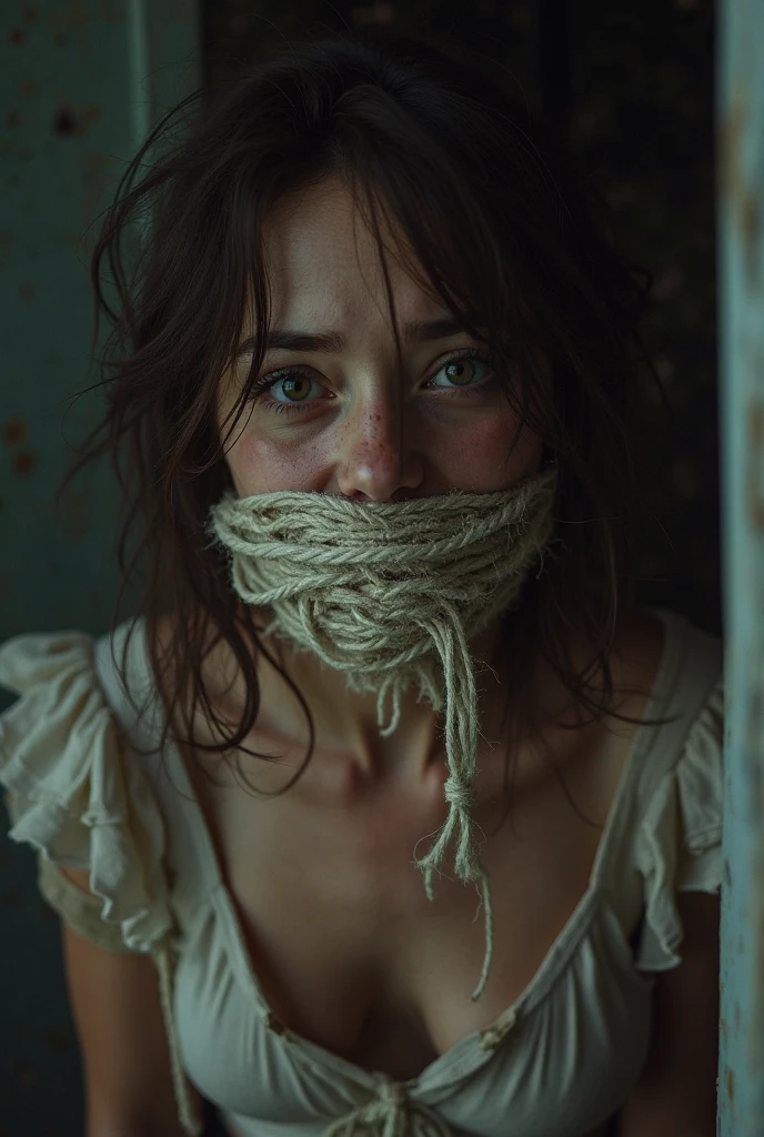 ing from the ceiling, dim lighting, dark atmosphere, oil painting style, vibrant colors, intense emotion. (best quality, highres, ultra-detailed, realistic:1.2), spiderweb, trapped, delicate facial features, fear in her eyes. half body visible,(gagged:1.4),