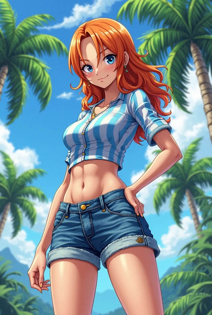 a beautiful detailed portrait of Nami from One Piece, extremely detailed eyes and face, longeyelashes, beautiful detailed lips, flawless skin, mid-length orange hair, happy expression, looking at camera, colorful anime-style background, vibrant colors, dynamic lighting, digital art, concept art, highly detailed, 4k, photorealistic, masterpiece