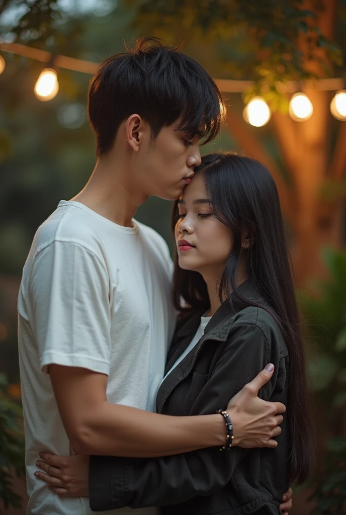 ((full body shoot)), traveling photo, vivid photo, young couple, 2, ponytail black hair, bangs, cozy sweater, navy blue pullover, black jeans, view of a typical balinese building, designed in an ancient hindu temple style, balinese architecture, cultural heritage, indonesian cuisine, tropical bali setting, beautiful garden, seclusion, privacy, indonesian street food, night street photography, shot on sony a 7 iii, theatrical lighting, wide angle view