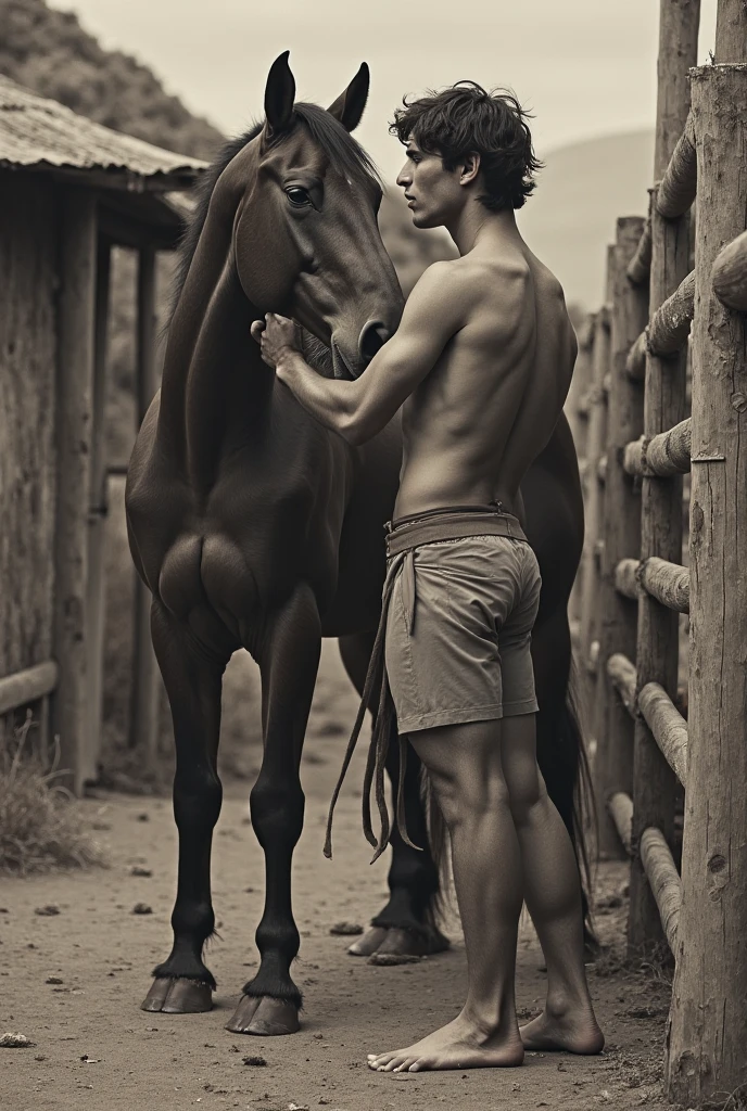 Young cute handsome white skinny beautiful face without shirt naked standing next to a horse, white cute butt of man hat