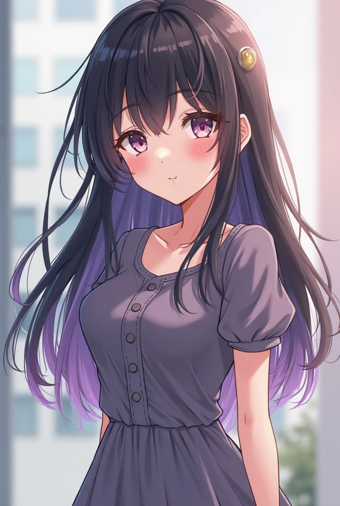 young women with long purple hair, purple eyes, wearing blue denim jeans and plan with shirt, 8k, high res