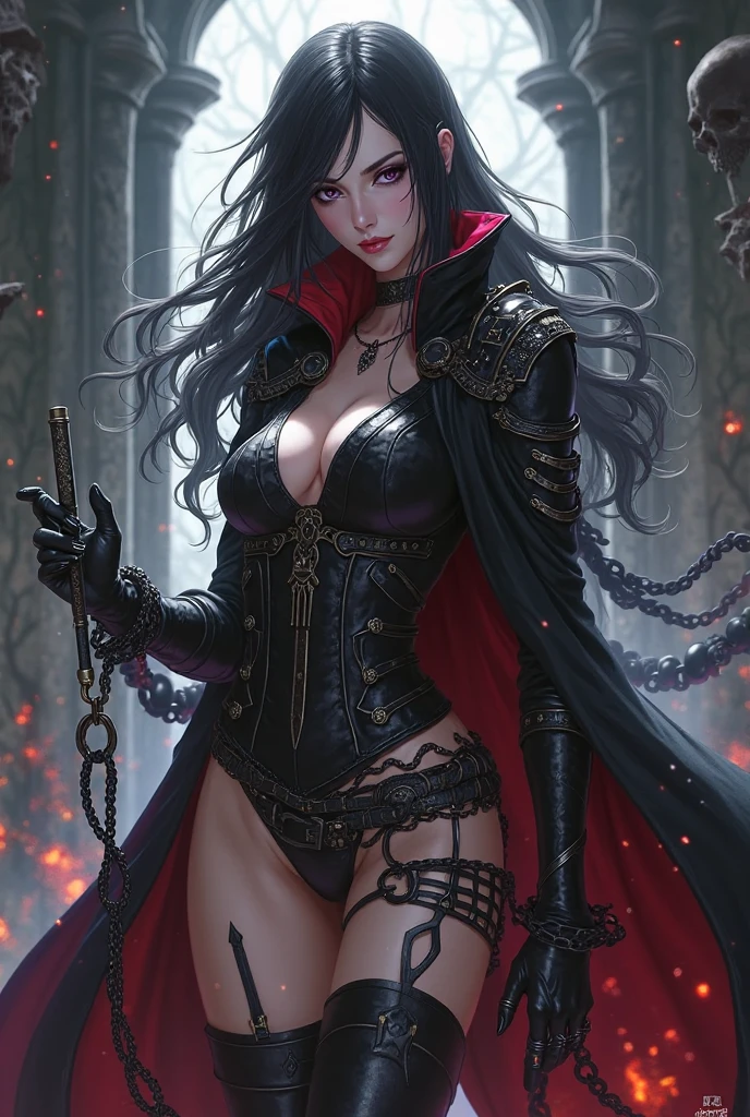 female vampire, dark cave background, dark eyes, blood pupils, snow hair, fantasy colors, random beautiful dress, half body, dangerous, creepy look, masterpiece, ultra high details