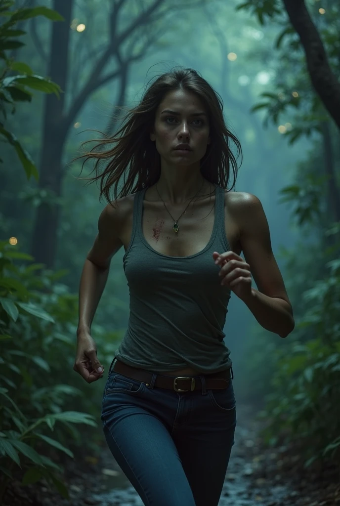 20-year-old girl, long brown hair, green eyes, rain-soaked clothes, blue jeans, white t-shirt, brown jacket, running shoes, determined expression, athletic build , forest, jungle, dark jungle