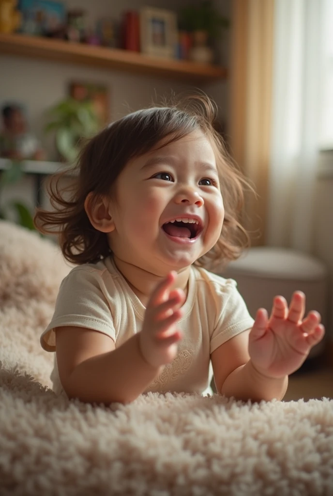 (Photorealism: 1:5), Horizontal framed image showing a chaauy asian child lying on the floor, looks very happy and is showing a lively pose. The child is wearing a white long-sleeved shirt and light-colored pants.. The child's posture looks like he is playing., maybe playing some game. There is a bright interior space around with a sofa on the left side.. Light colored floors, create a sense of spaciousness and friendliness, Floor area occupies 80%.
The atmosphere of the image gives a sense of fun and vivacity..