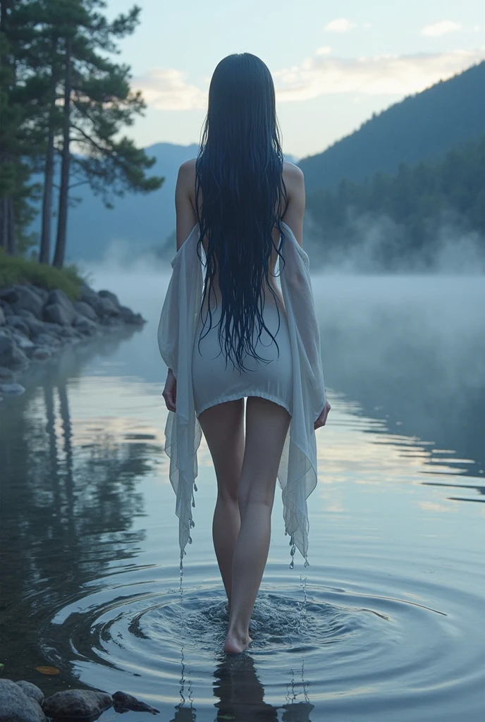 woman in a blue dress sitting in a body of water., foggy and wet, photo from behind, curvy accentuated booty, rear view, wet curtains, in water up to shoulders, shot from behind, view from behind, side shot, wet fabric, naked against the storm, photo from behind