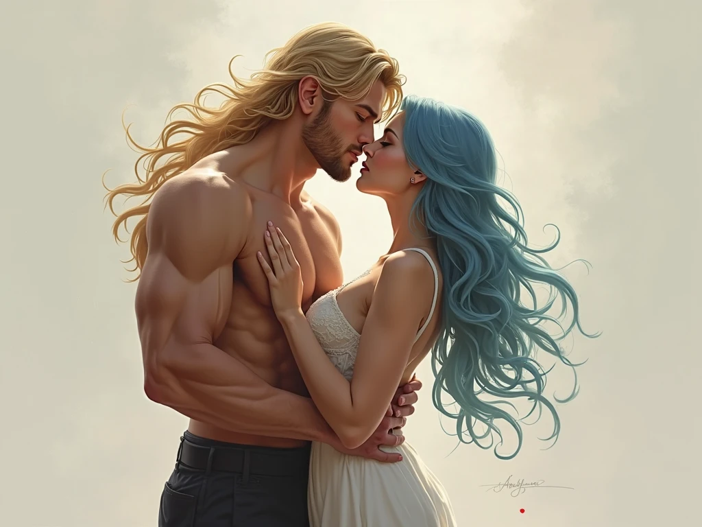 Male black hedgehog haired Person with beard hugs a female pink haired woman very tight, their lips intertwined and his hand on her cheek, after a long time apart