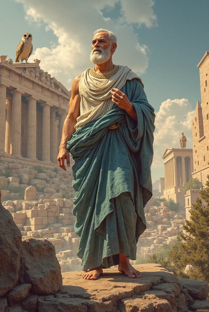 (((Zeus yellow ray)))best quality, very high resolution, 4K detailed CG, master piece, Greek mythology, Zeus, Greece, white beard, old man, elderly, Roman clothes, Greek clothes, Greek ruins in the background, Greek garden , Greek columns, ((old man)), Roman mythology, aesthetics, Beautiful image, right on the screen, landscape