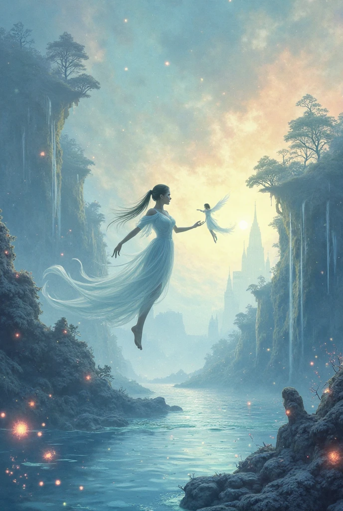 fantasy　background night sea　A woman and an angel taking flight into the sky　Pulled image　3D clothes　A view from below