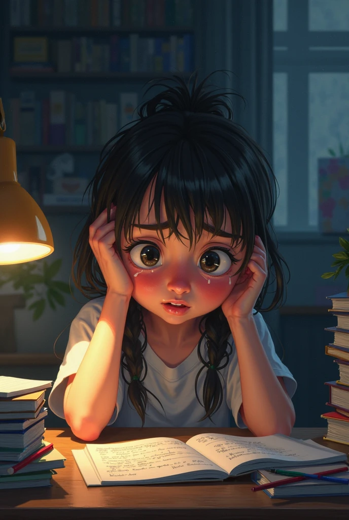 A teenage girl being stressed about her studies make her more hagard